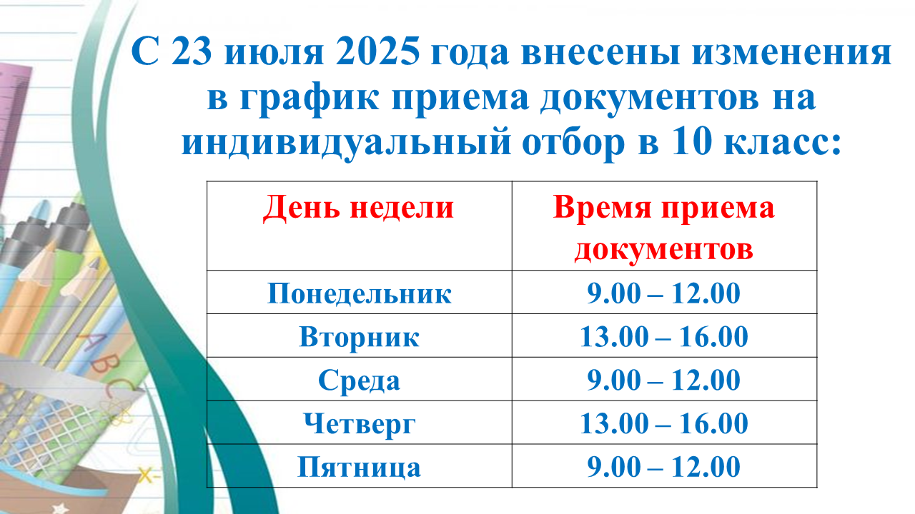 Изменения в графике приема документов в 10 класс.